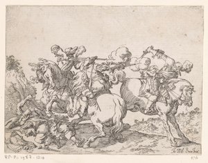 Twee musketiers te paard beschieten een ruiter - Johann Wilhelm Baur