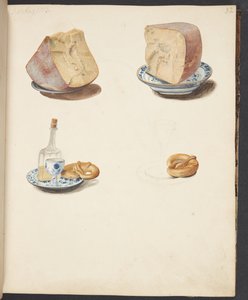 Nature morte avec fromage, schnaps et bretzel