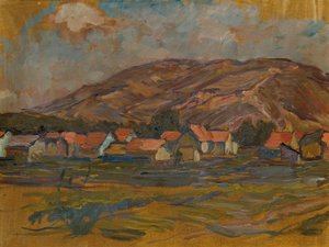Paysage avec maisons et montagne