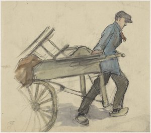 Homme tirant une charrette à bras