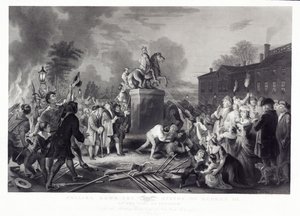 Démolition de la statue de George III par les Fils de la Liberté, au Bowling Green, New York, juillet 1776, pub. 1875 - Johannes Adam Simon after Oertel