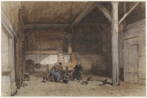 Intérieur paysan avec deux hommes et une femme à une table, quelques poules et chats