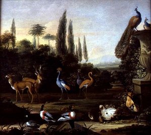 Paysage de parc avec cerfs et oiseaux exotiques - Johannes Bronckhorst