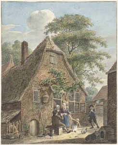Famille devant une maison de paysan