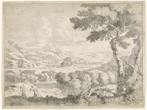 Heuvelachtig landschap met herders - Johannes Glauber
