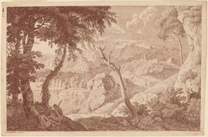 Paysage de montagne avec deux hommes se reposant