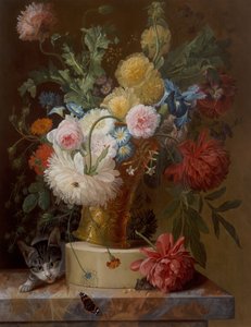 Nature morte de fleurs sur un rebord avec un chat - Johannes Hendrick Fredriks