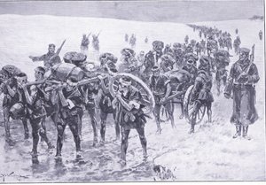 Japonais en marche. Hommes à la place des poneys de bât, illustration de l