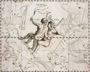 La constellation des Gémeaux, illustration du Firmamentum Sobiescianum sive Uranographia, par Johann Hevelius (1611-1687), Gdansk 1690