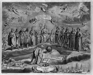 Les astronomes célèbres. Parmi eux, de gauche à droite : Walterus (?), Tycho Brahe (Tyge Ottesen Brahe), connu sous le nom de Le noble Danois ou L