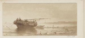 Navire avec voile abaissée sur une rivière
