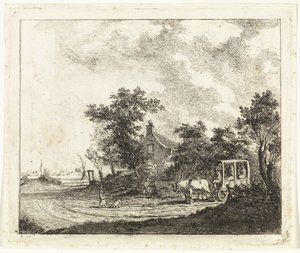 Cheval et chariot devant une maison - Johannes Huibert Prins