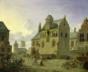Place de la ville avec des personnages et des paysans commerçant sur une place de marché - Johannes Huibert Prins