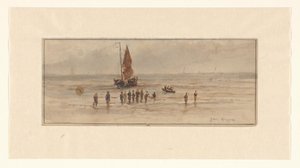 Vue de plage avec pêcheurs et voilier