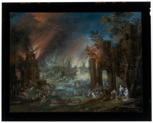 Paysage avec Lot et ses filles et la destruction de Sodome en arrière-plan - Johannes Jakob Hartmann