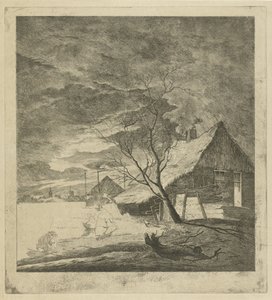 Paysage nocturne avec ferme et patineurs