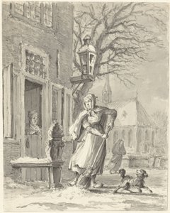 Une servante déblaye la neige devant une maison - Johannes Jelgerhuis