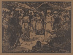 Scène de marché avec hommes et femmes