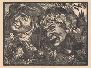 Deux bacchantes entourées de feuilles de vigne