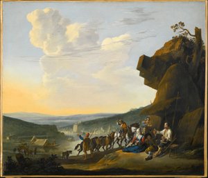 Allemand : Südliche Landschaft mit Fähre Paysage méridional avec vue sur une baie, avec des voyageurs qui se reposent - Johannes Lingelbach