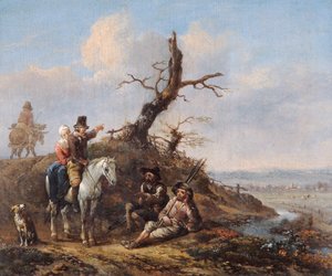 Paysage avec voyageurs se reposant et couple à cheval, 17e siècle