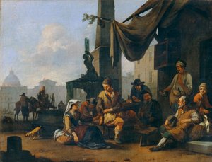 Paysans italiens buvant à la porte d