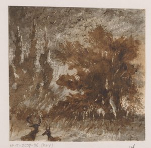 Cerfs et oiseaux près de grands arbres - Johannes Tavenraat (signed by artist)