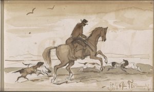 Paysage avec un cavalier et des chiens courant - Johannes Tavenraat