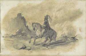 Cavalier avec un chien sur un chemin rocheux - Johannes Tavenraat