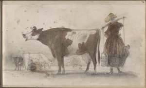 Prairie avec des vaches et une fermière avec un joug