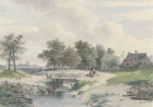Paysage avec petit pont et personnages devant une ferme
