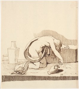 Femme nue penchée en avant (ivre) avec une cruche de vin vide