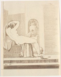 Femme nue avec drapé vue de dos, devant une fontaine - Johannes Wiedewelt