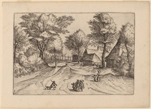 Route de village avec ferme et hangars