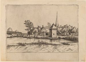Village de campagne avec église et pont - Johannes van Doetechum, the Elder and Lucas