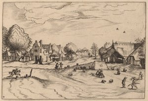 Village de Campagne avec Moutons et Berger Assis