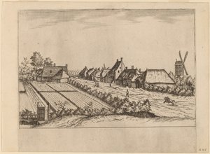 Champs et un chemin de village avec moulin à poteau - Johannes van Doetechum, the Elder and Lucas