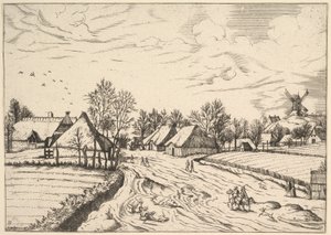 Village de campagne avec moulin à vent de Multifariarum casularum ruriumque lineamenta curios..., 1559-61
