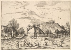 Fermes, bétail avec bergers et laitières au premier plan de Multifariarum casularu - Johannes van Doetecum I