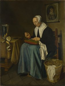 Une vieille femme assise cousant, 1655