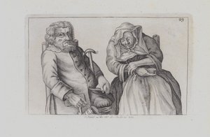 Un vieux couple assis, il boit, elle fume (gravure)