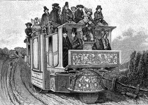 Voiture mécanique à trois roues par Dr. William Church, construite à Birmingham en 1833. Gravure 1895