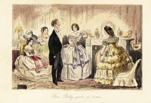 Gentleman anglais rendant visite à une dame et ses filles dans un salon - John (after) Leech