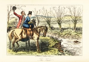 Chasseur anglais et dame regardant un renard nager à travers une rivière