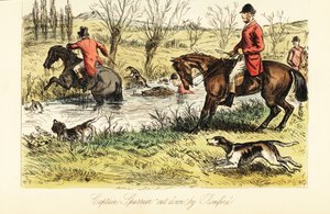 Chasseur anglais traversant une rivière avec des chiens de chasse - John (after) Leech
