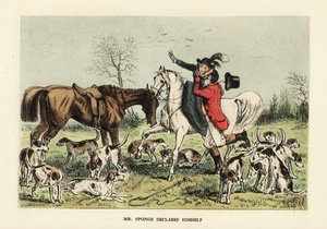 Chasseur en habit rouge embrassant une femme sur un cheval - John (after) Leech