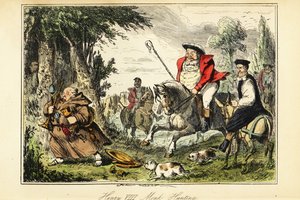 Le roi Henri VIII en tenue de chasse victorienne avec une houlette à cheval poursuivant un moine catholique fuyant avec l