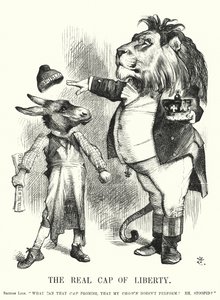 Caricature de Punch : Le véritable bonnet de la liberté - la supériorité de la monarchie constitutionnelle britannique sur le républicanisme (gravure) - John (after) Tenniel