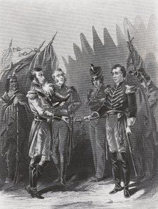 Reddition du général américain William Hull aux troupes britanniques et aux guerriers amérindiens à Détroit, 15 juillet