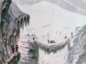 Ascension du Mont Blanc, alpinistes suspendus à une crevasse, aquarelle, France